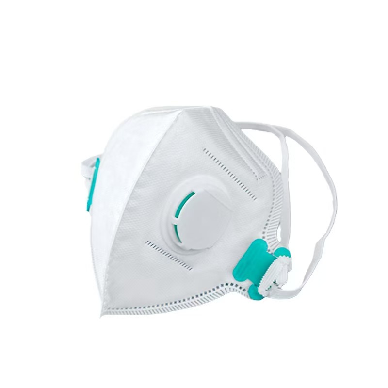 White foldable cup-style respirator with a front exhalation valve and elastic head straps