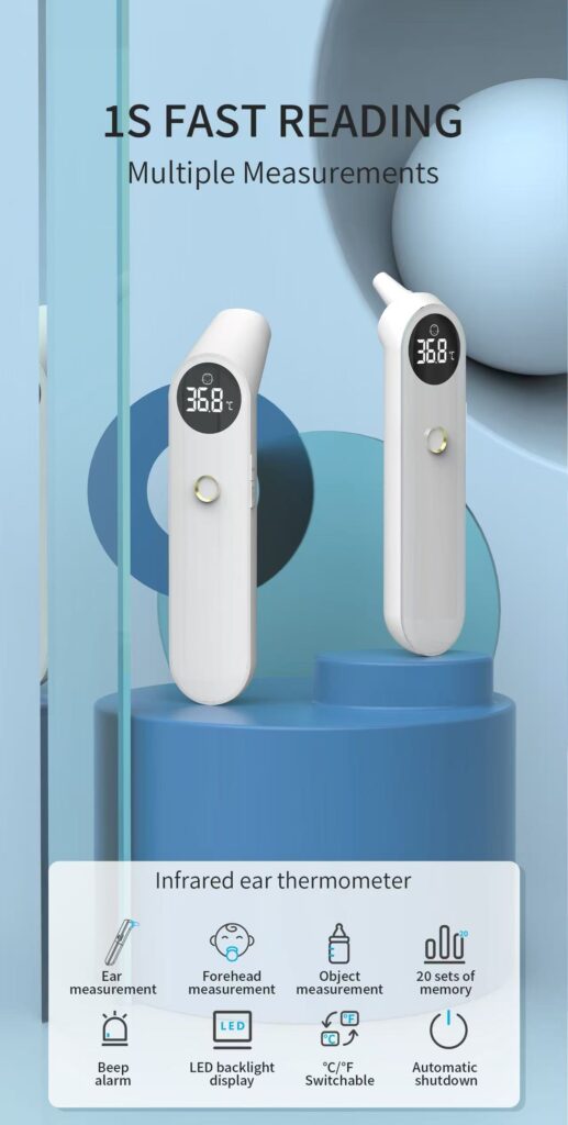 Infrared ear thermometer in ear, forehead, and object measurement configurations