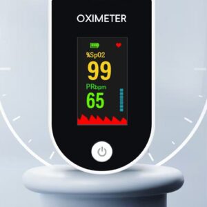 Fingertip pulse oximeter showing SpO2 and pulse rate readings