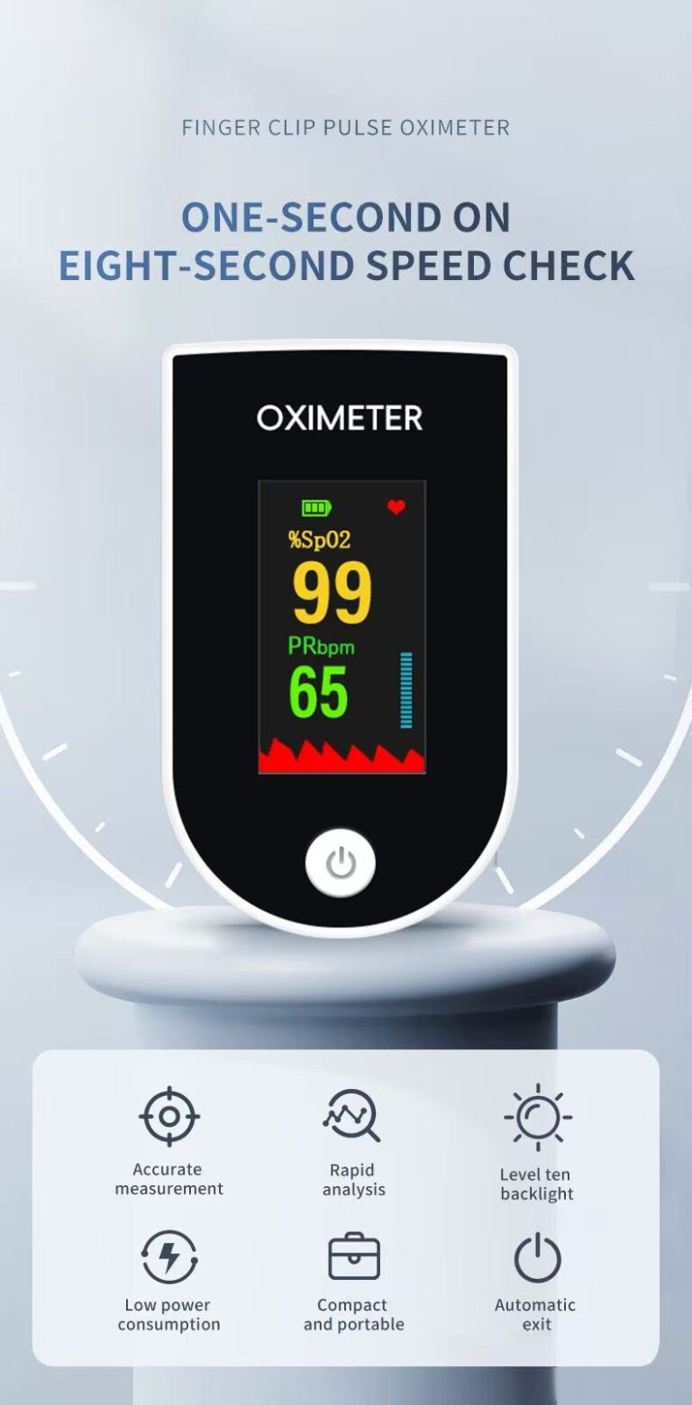 Fingertip pulse oximeter showing SpO2 and pulse rate readings