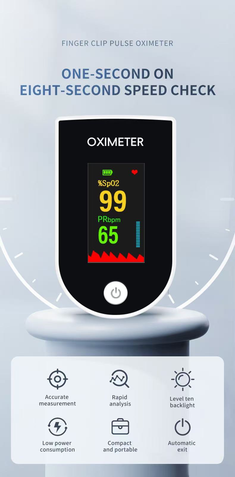 Product-style presentation of a fingertip pulse oximeter displaying a Spot-check result (SpO₂ and pulse rate).
