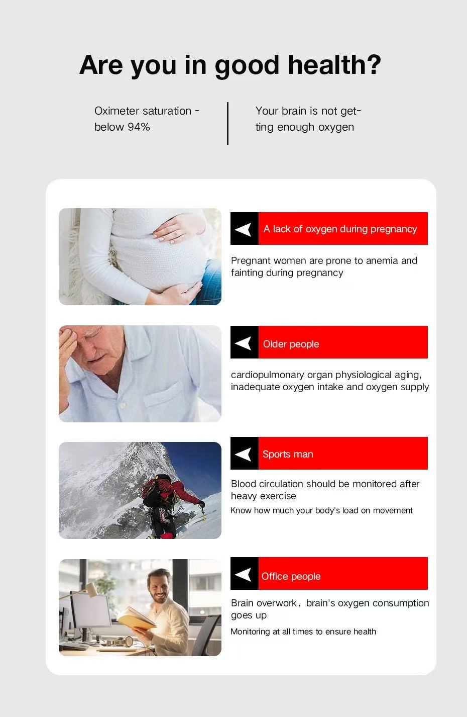 Health-awareness graphic showing the groups who most commonly benefit from routine spot-check oxygen monitoring.